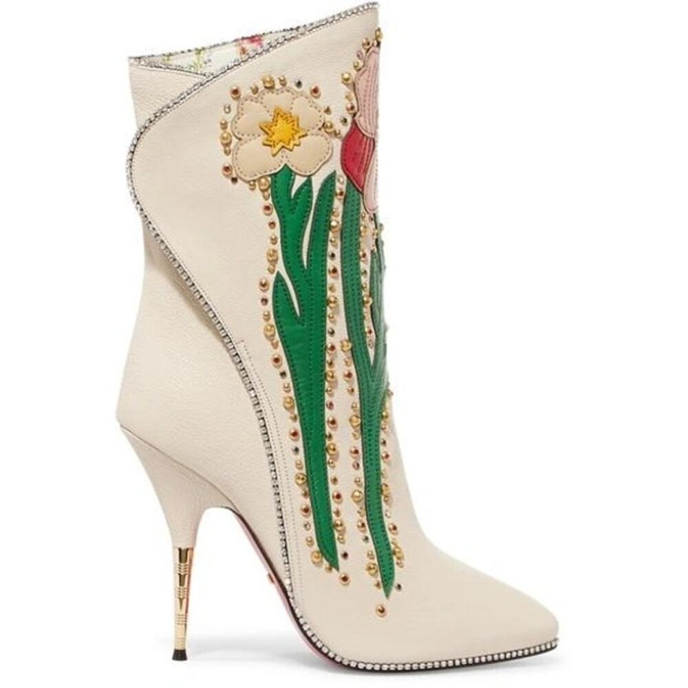 GUCCI Ivory Leather Floral ‘Fosca’ 2017 Pink Bottom Runway Booties Size 37 - Picture 1 of 16